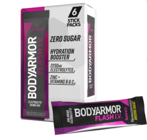 BODYARMOR Flash I.V. Sticks Grape Zero Sugar Electrolyte Powder Mix, 0.25 dry oz, 6 Pack Pouches